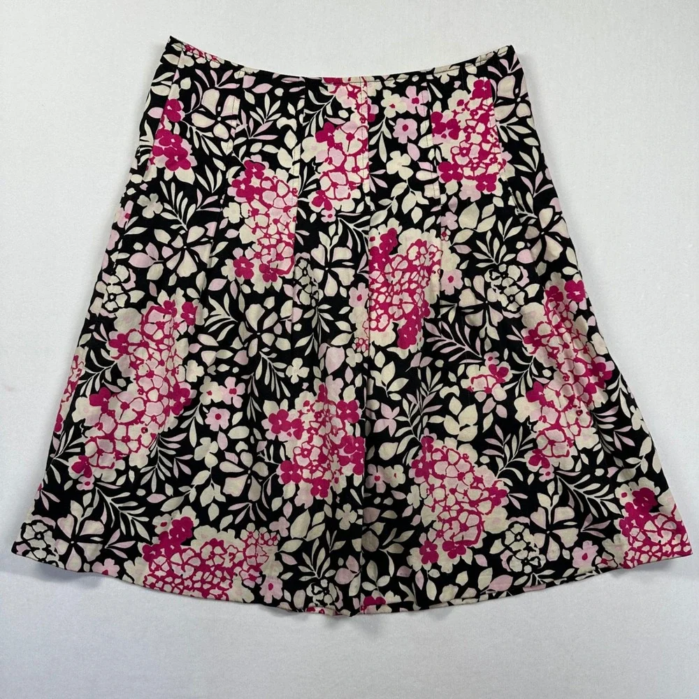 Vtg Y2K Attention Floral A-Line Skirt 6 Black Pink Cotton Pleat Y2K Cottagecore - Picture 2 of 7